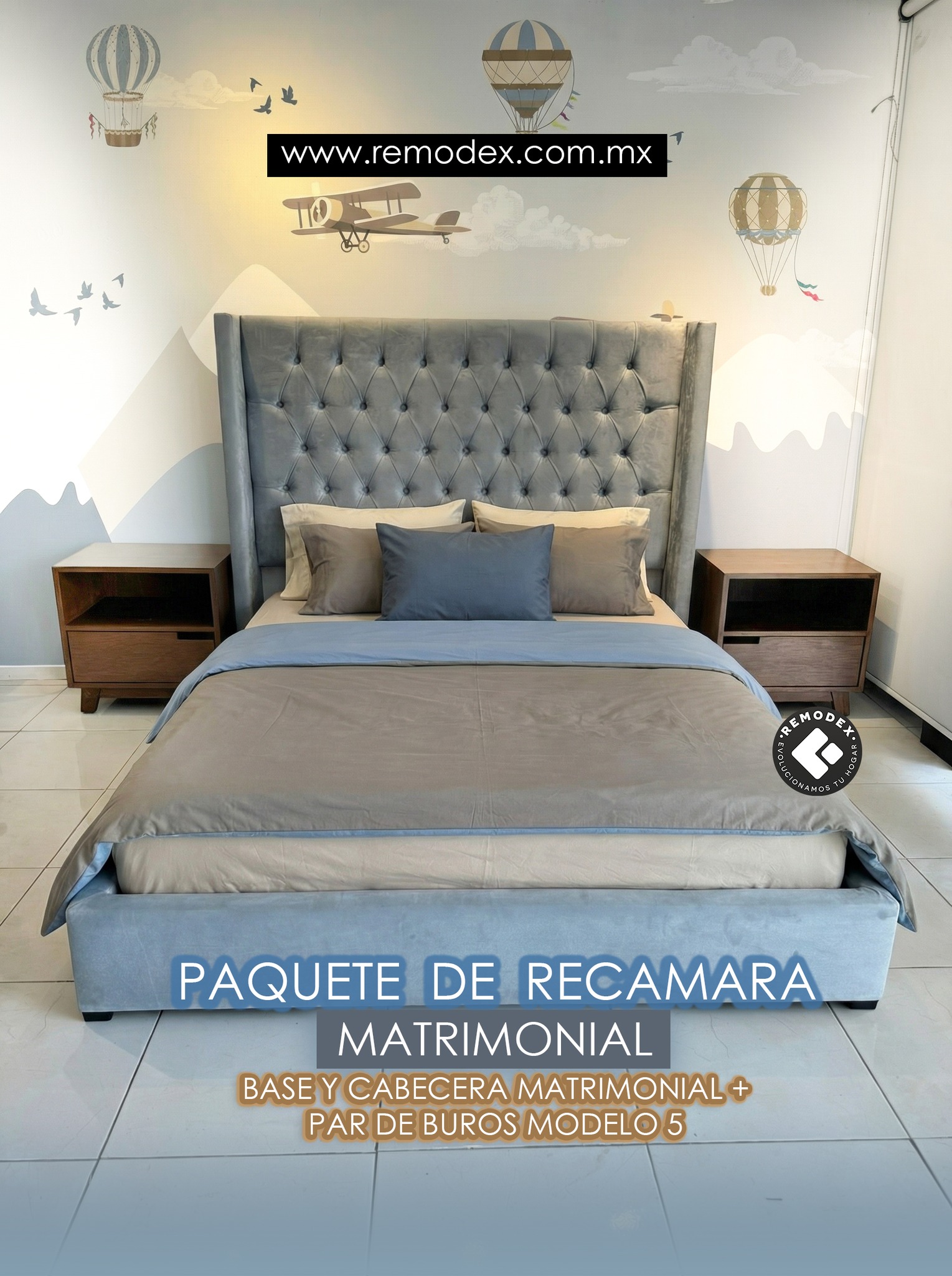 BASE ITALIA + CABACERA CAPITONADA CON PESTAÑAS + PAR DE BUROS MOD. #5