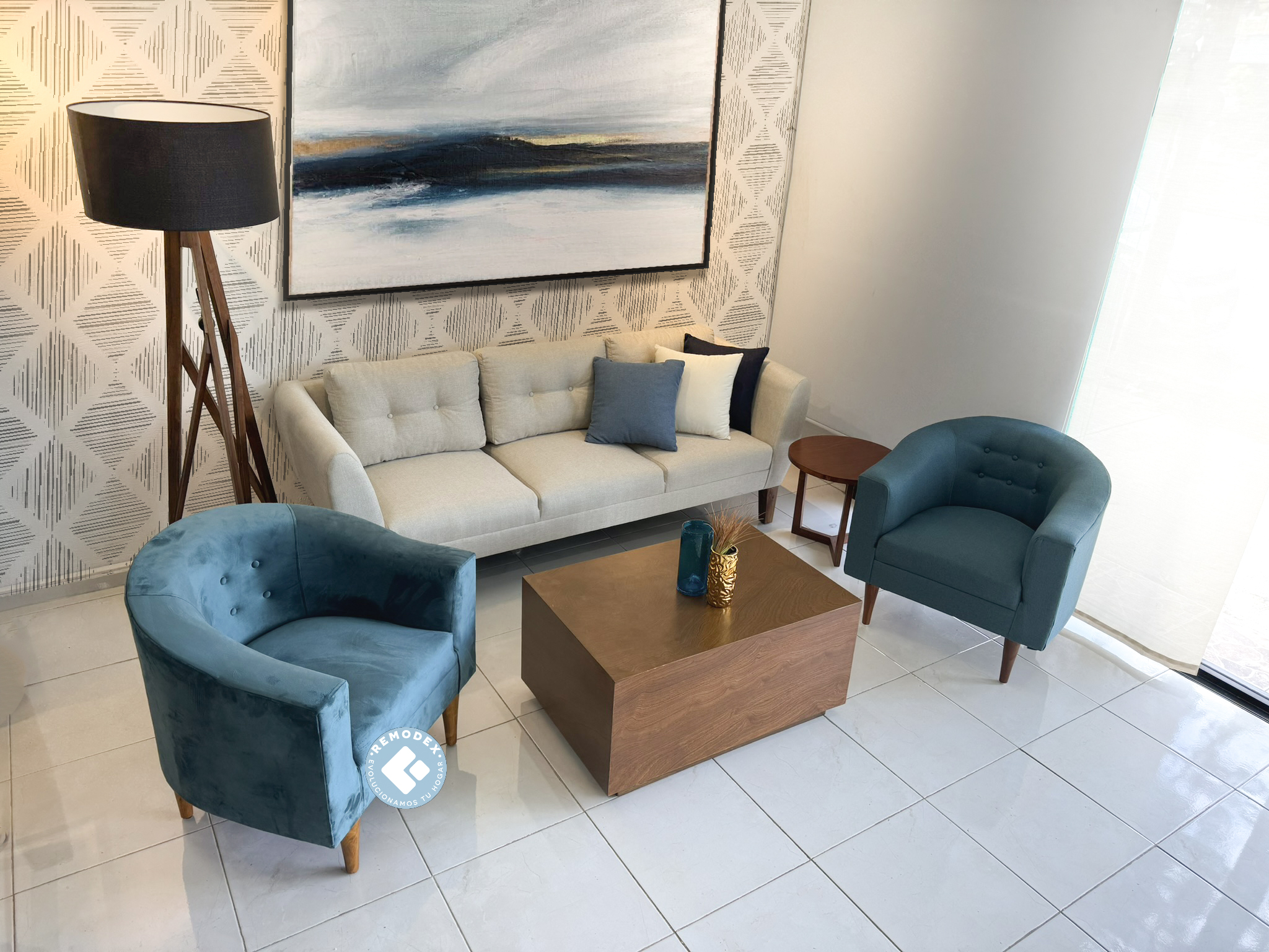 PAQUETE 2 SILLETAS CH / SOFÁ OVAL (PISSA BEIGE/TERCIOPELO BALI/PISSA OCEAN)