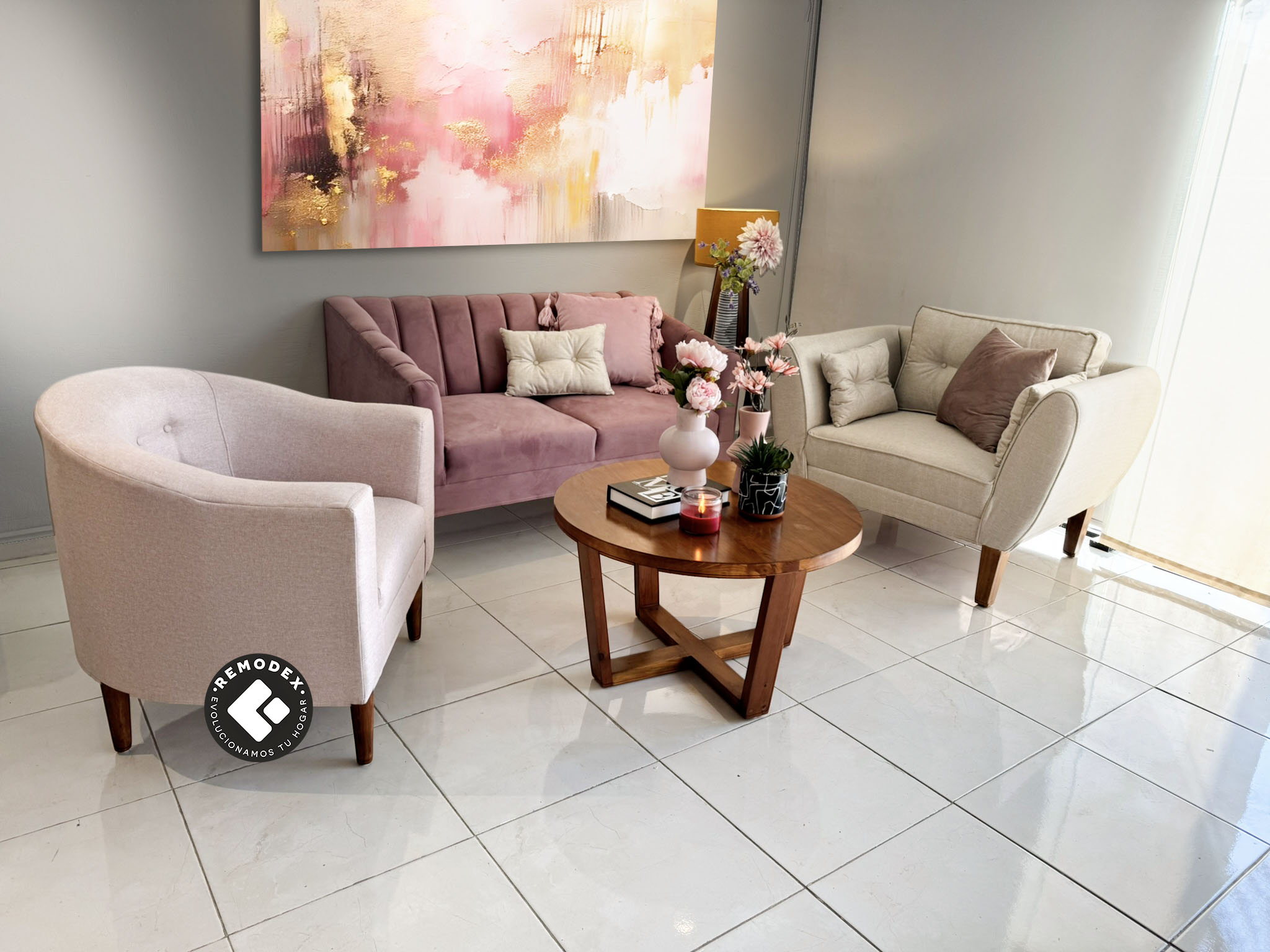 PAQUETE LOVE SEAT MAR/INDIVIDUAL OVAL P70/SILLETA CH  (LISSE ROSE GOLD/PISSA BEIGE/LINATO ROSE)