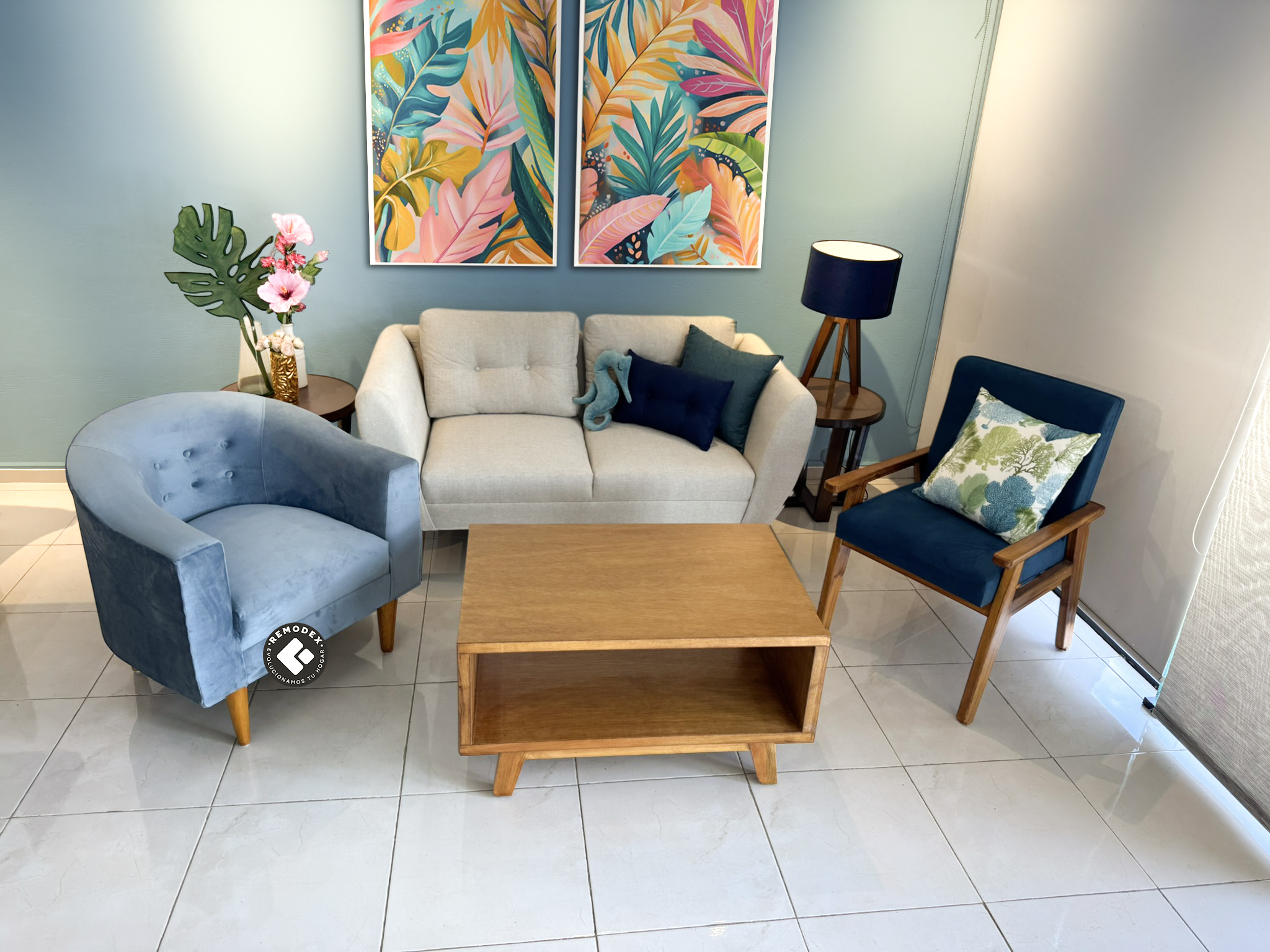 PAQUETE LOVE SEAT OVAL/SILLETA TIFFANY/SILLETA CH (PISSA BEIGE/TERCIOPELO AZUL/TERCIOPELO SKY)