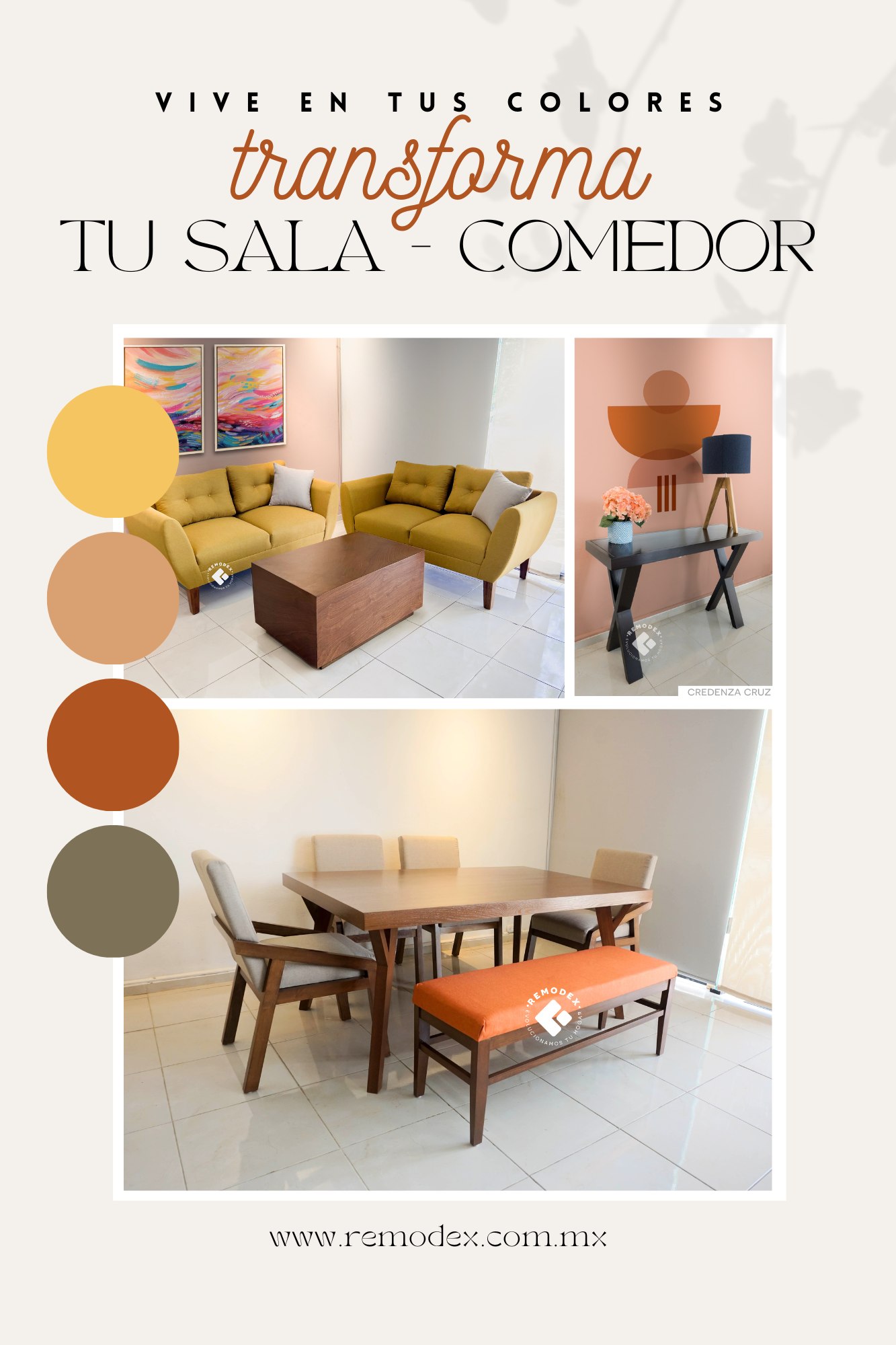 PAQUETE SALA + COMEDOR - 2,2 LOVE SEAT OVAL / COMEDOR 6P ALEJANDRA + ROMA + BANCA LISA / CREDENZA CRUZ