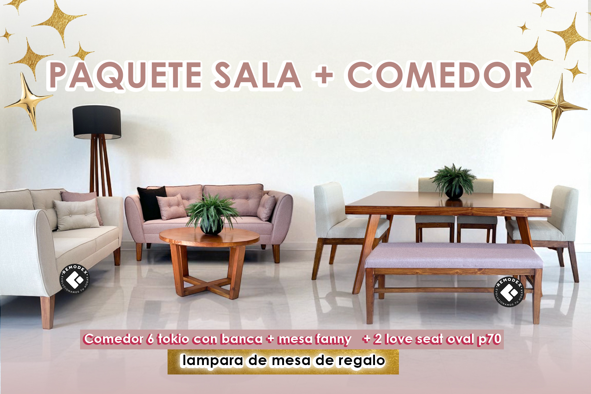 PAQUETE SALA + COMEDOR - 2 LOVE SEAT OVAL P70/COMEDOR 6P FANNY/TOKIO/BANCA LISA