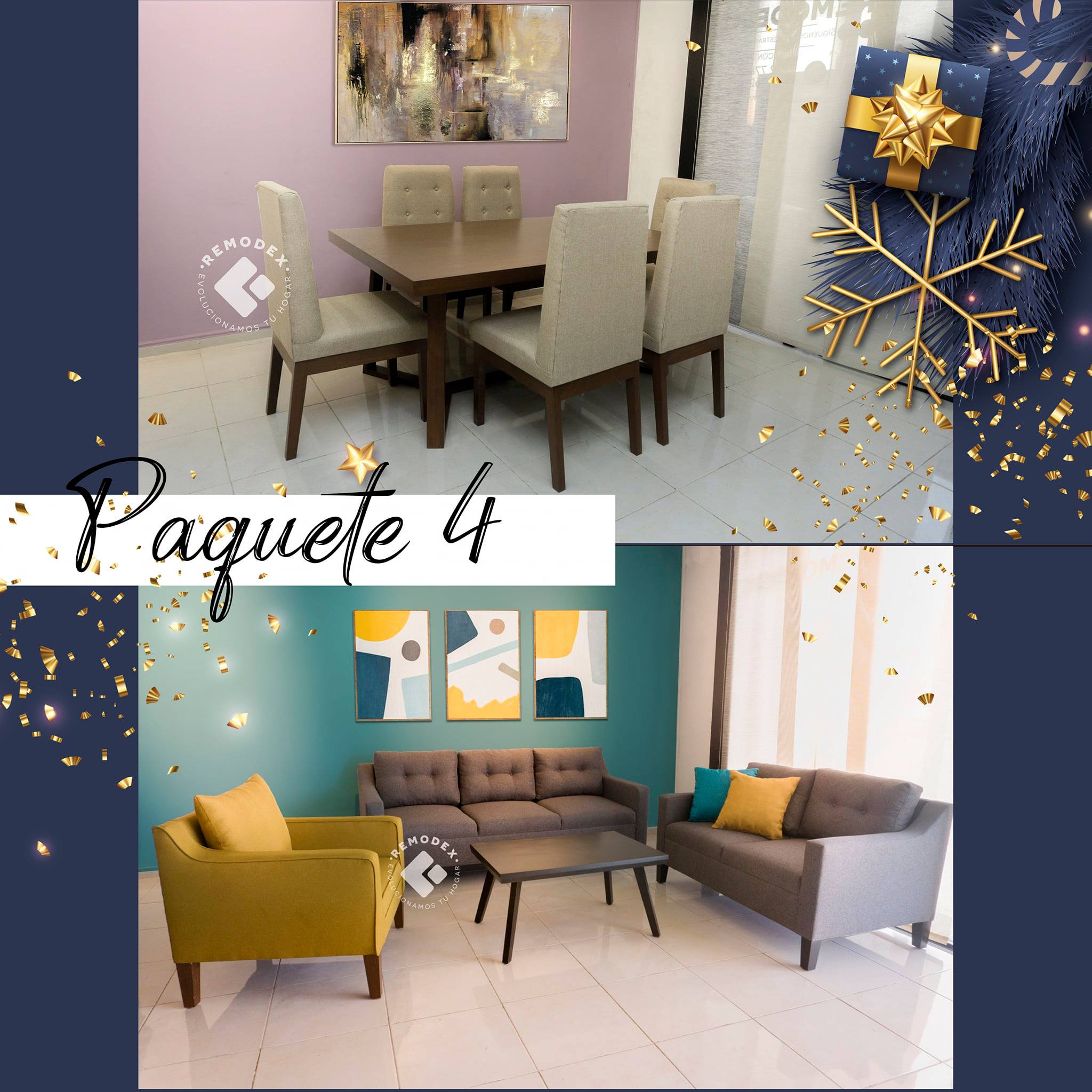 PAQUETE SALA + COMEDOR - 3,2,1 BRAZO CURVO / COMEDOR 6P INDUSTRIAL + DUBAI