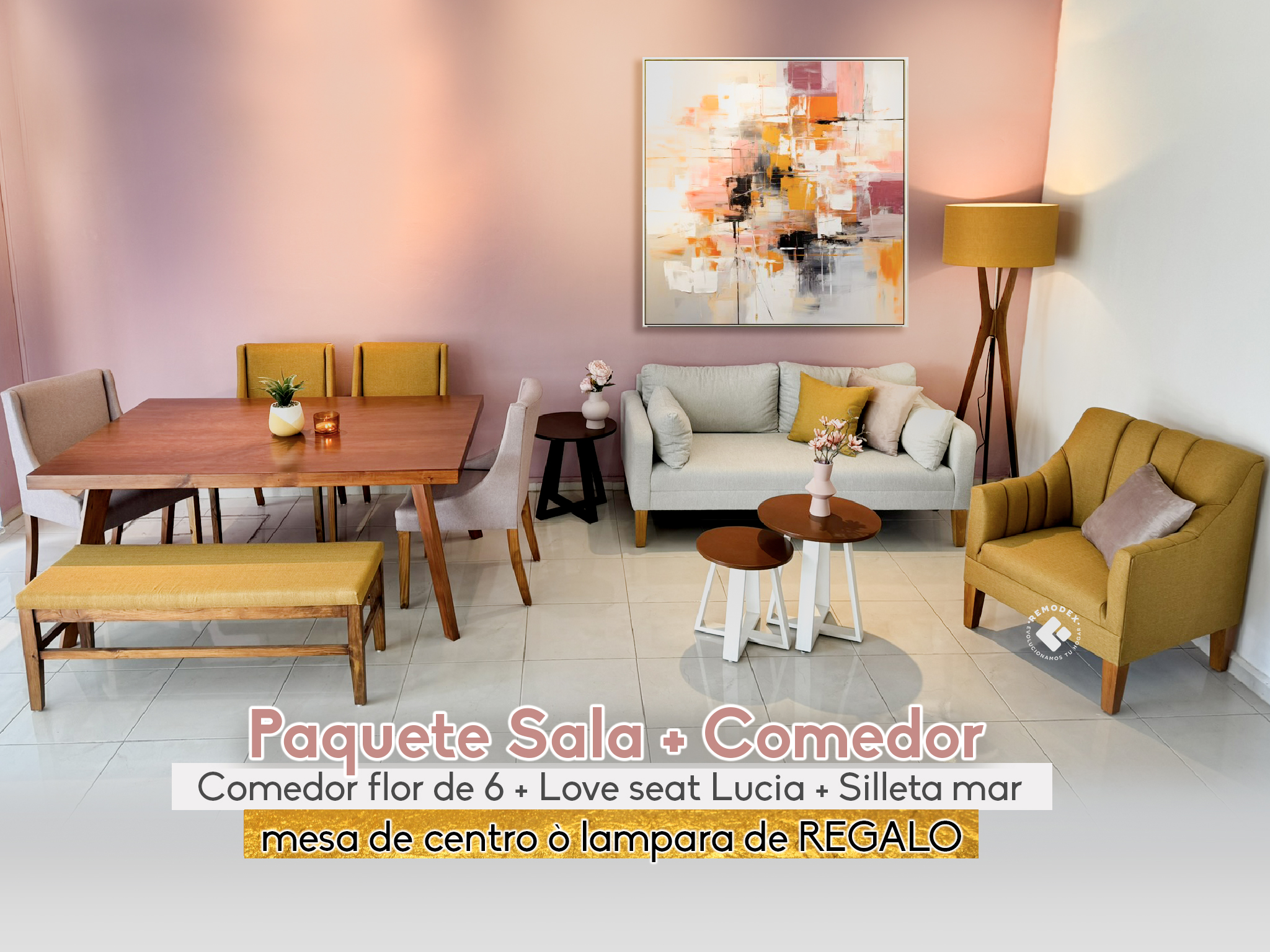 PAQUETE SALA + COMEDOR - LOVE SEAT LUCIA + SILLETA MAR / COMEDOR 6P FLOR + FANNY + BANCA LISA