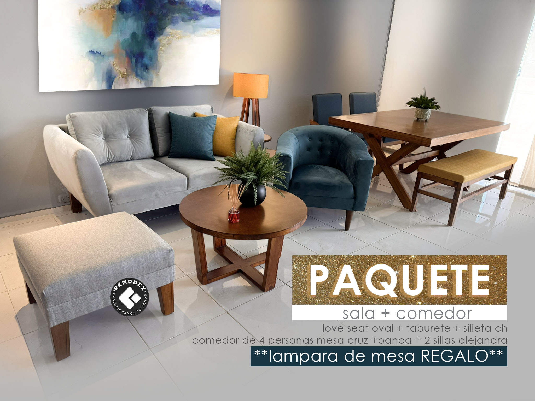 PAQUETE SALA + COMEDOR - LOVE SEAT OVAL + CH + TABURETE / COMEDOR 4P ALEJANDRA + CRUZ + BANCA LISA