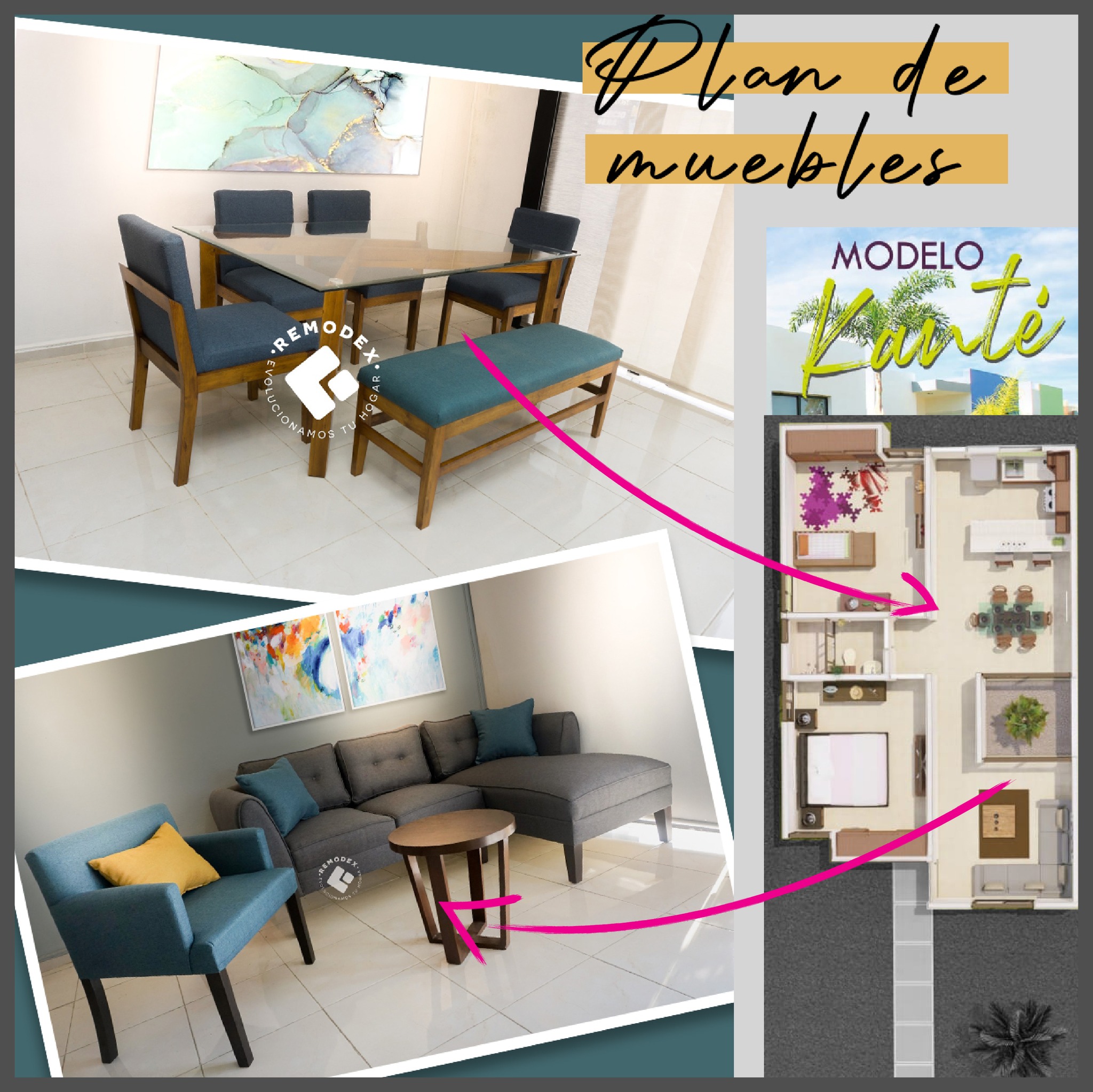 PAQUETE SALA + COMEDOR - SOFÁ L OVAL + SILLETA CON BRAZOS / COMEDOR 6P D3 + ISABEL + BANCA LISA