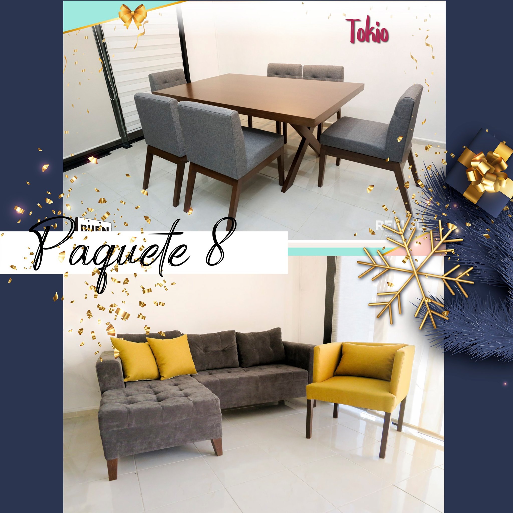 PAQUETE SALA + COMEDOR - SOFÁ L SEPTIEMBRE + SILLETA CUBO / COMEDOR 6P CRUZ + TOKIO
