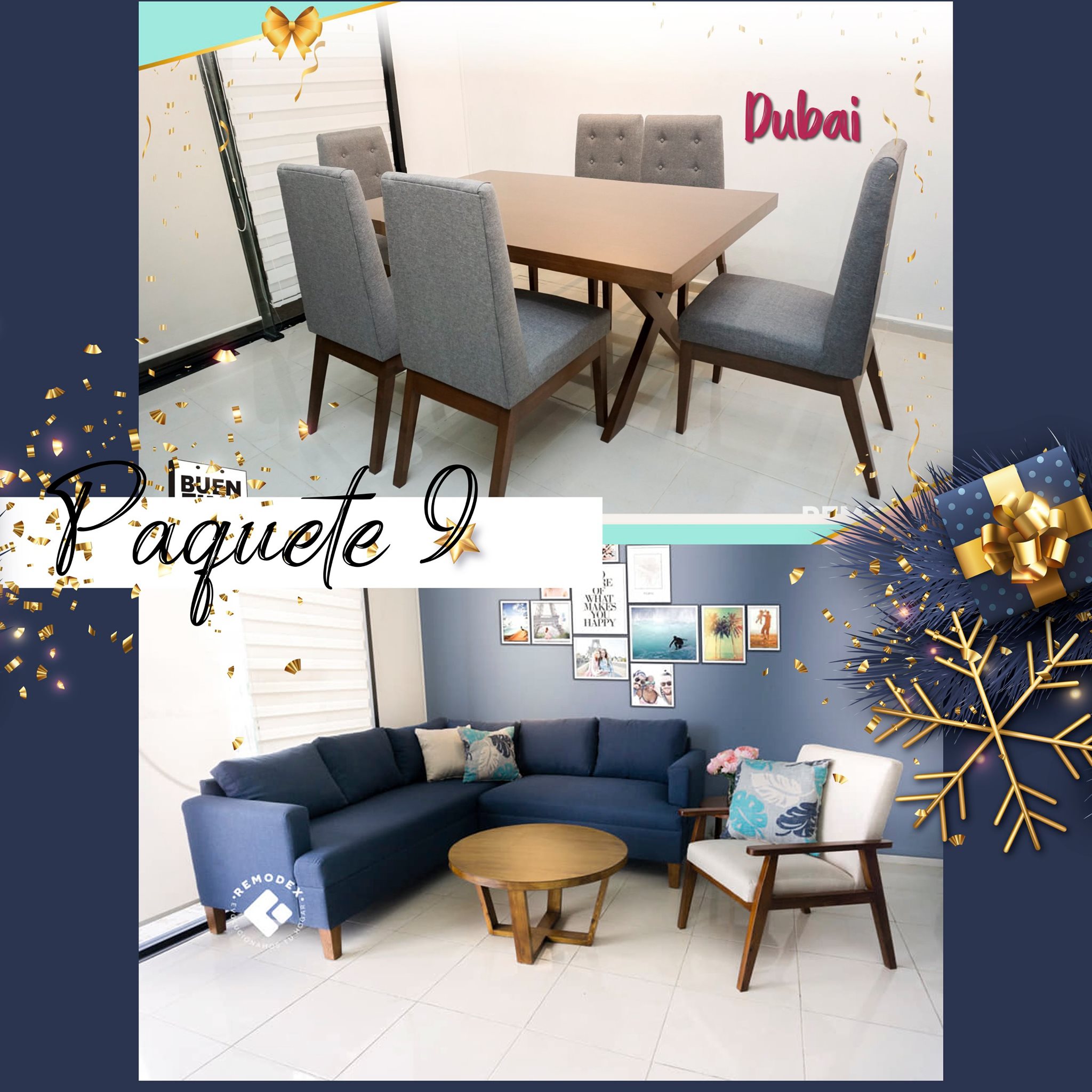 PAQUETE SALA + COMEDOR - SOFÁ L TULUM +  SILLETA TIFFANY / COMEDOR 6P CRUZ + DUBAI