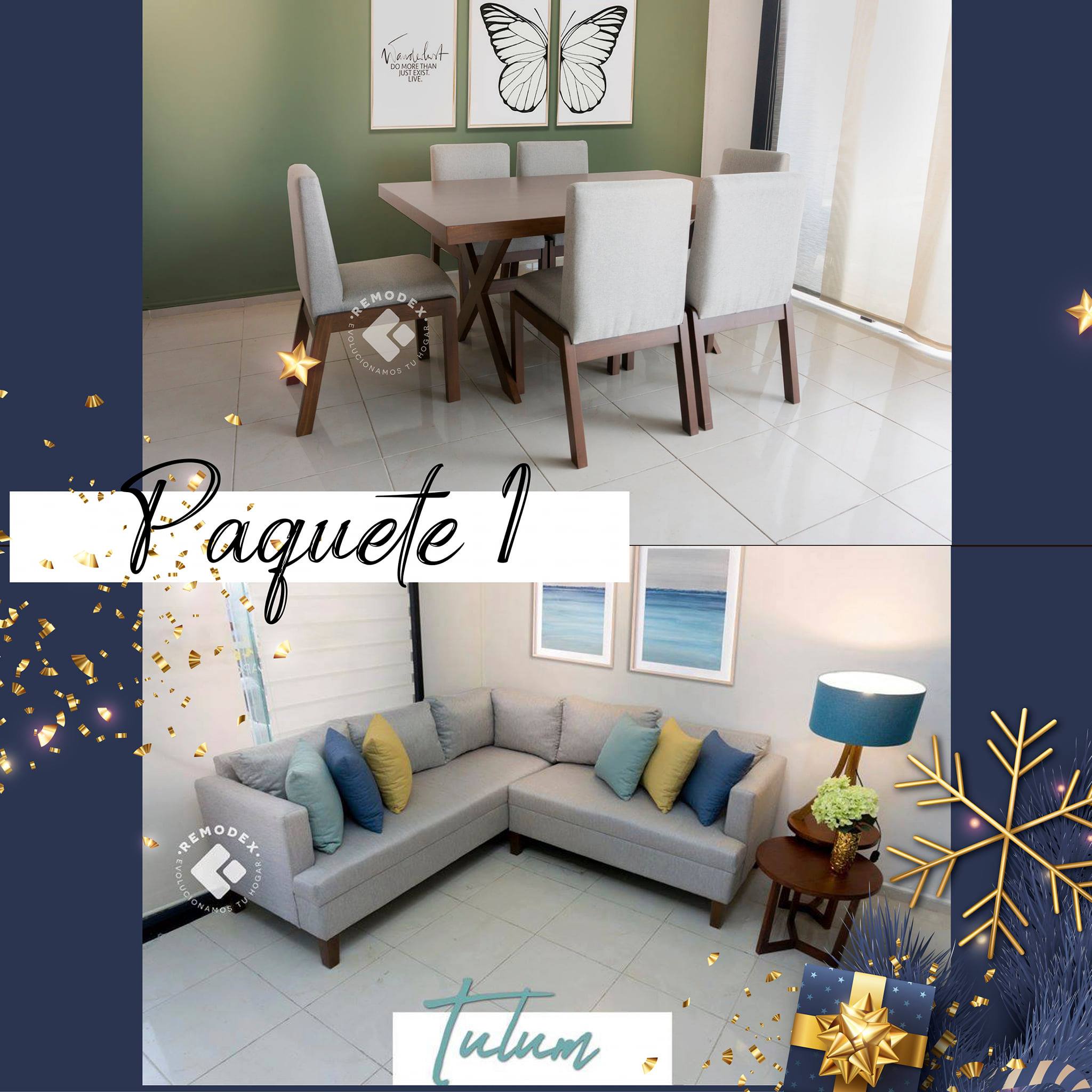 PAQUETE SALA + COMEDOR - SOFÁ L TULUM / COMEDOR 6P VINTAGE + CRUZ