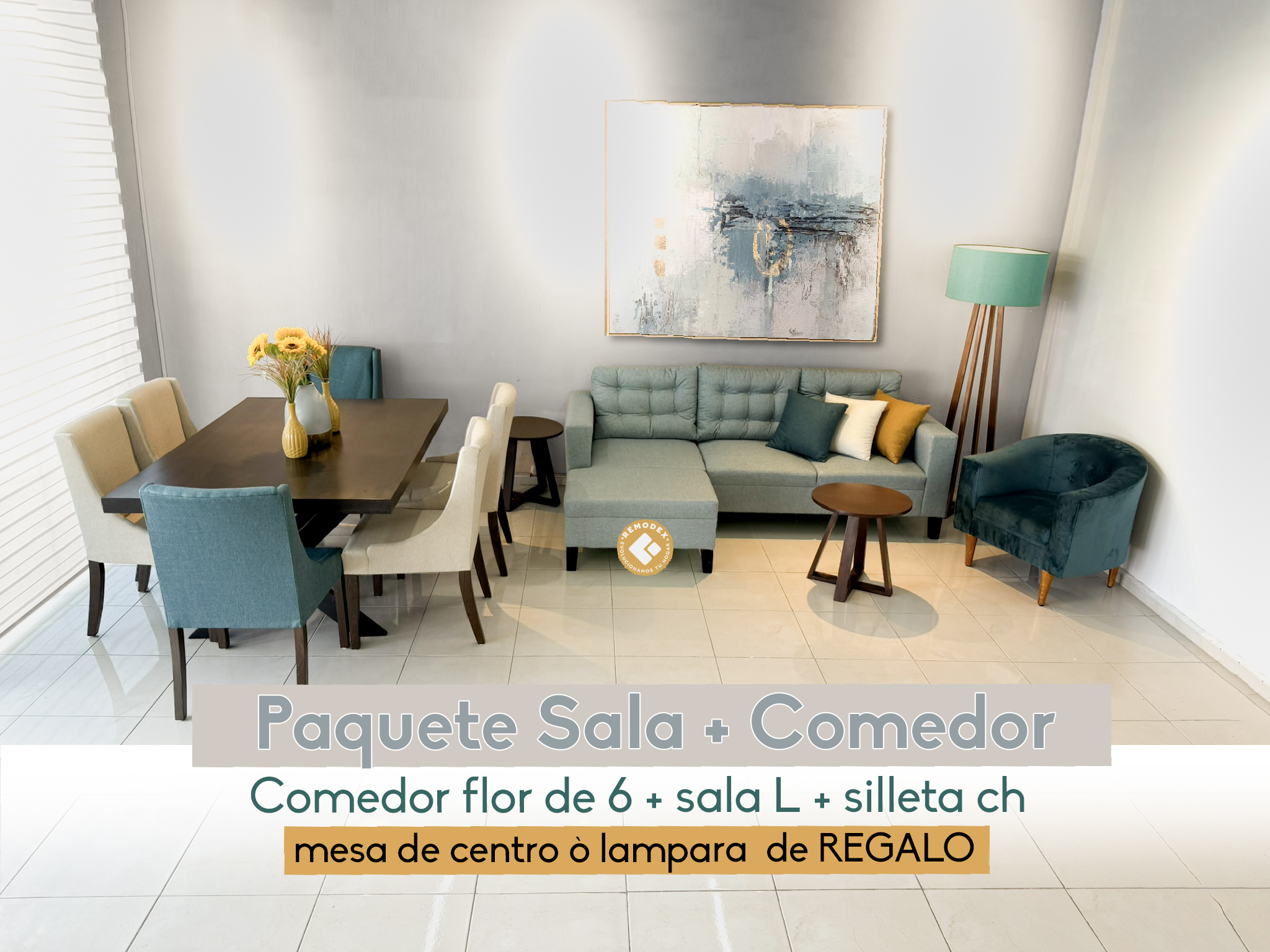 PAQUETE SALA + COMEDOR - SOFÁ SEPTIEMBRE + TABURETE + SILLETA CH / COMEDOR 6P FLOR + CRUZ