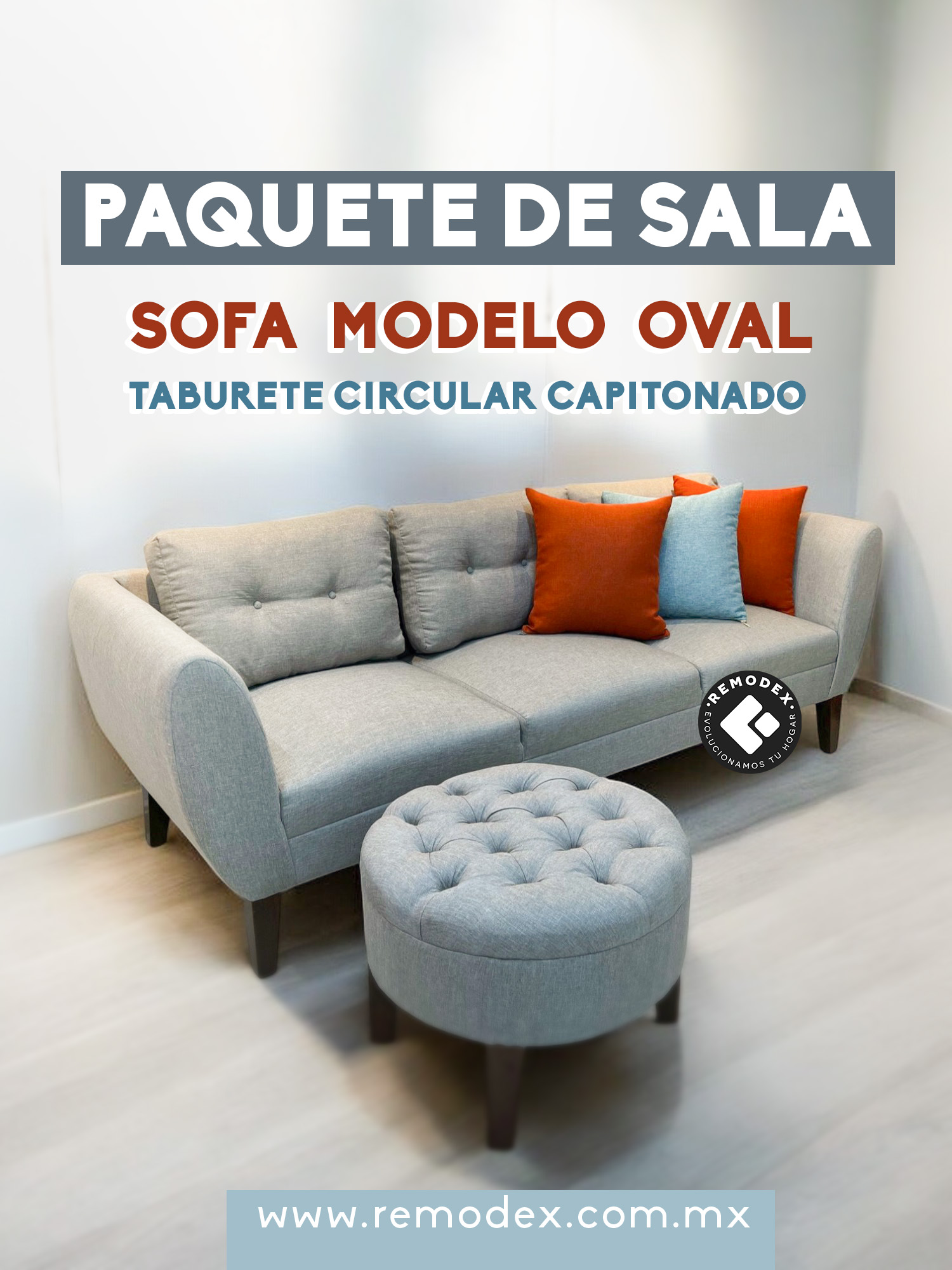 PAQUETE SOFÁ OVAL + TABURETE CAPITONADO